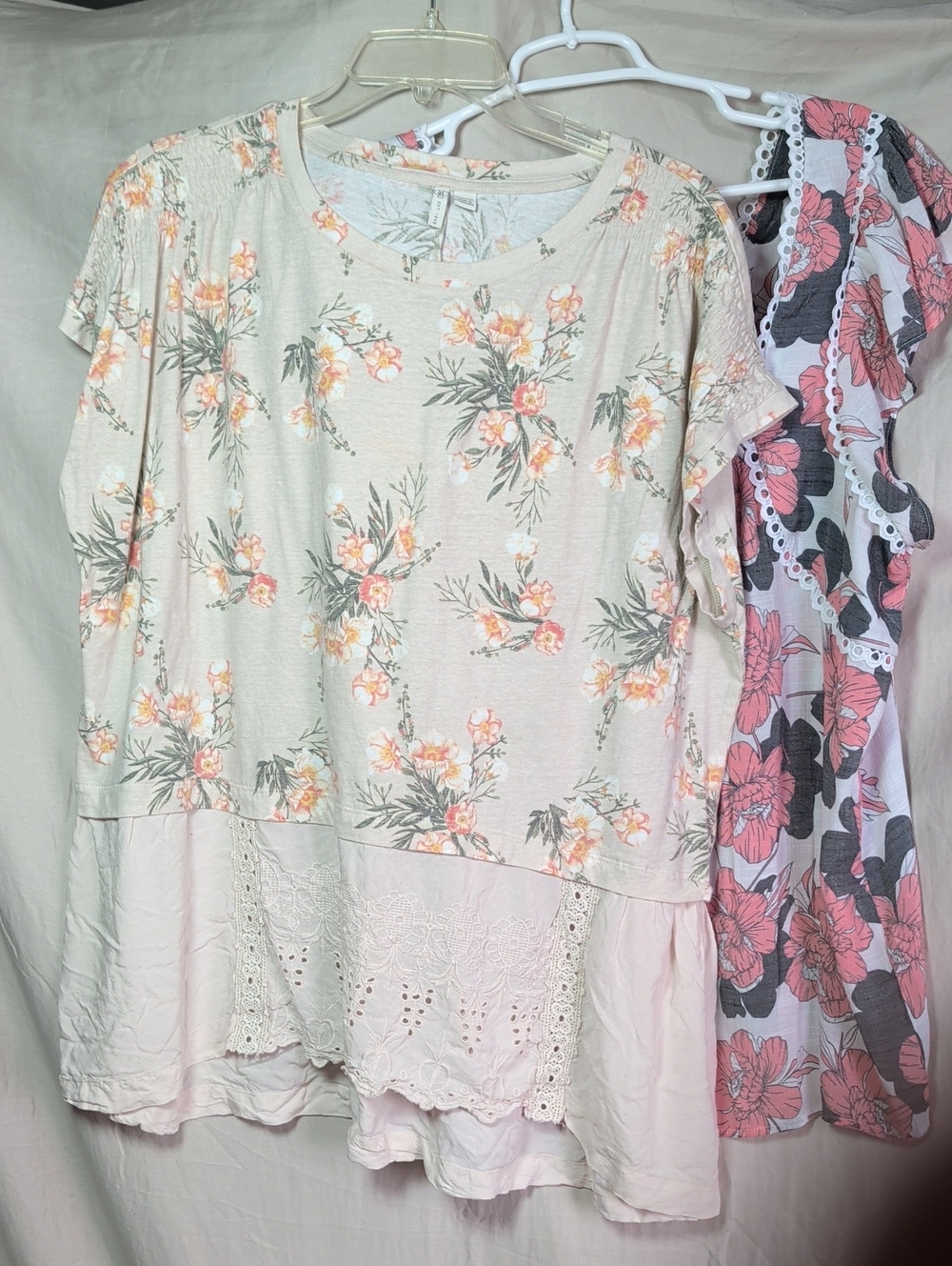 Bundle Of 2 Cato Cream Floral Crochet-Trim Short Sleeve And A Pink - Gray Top